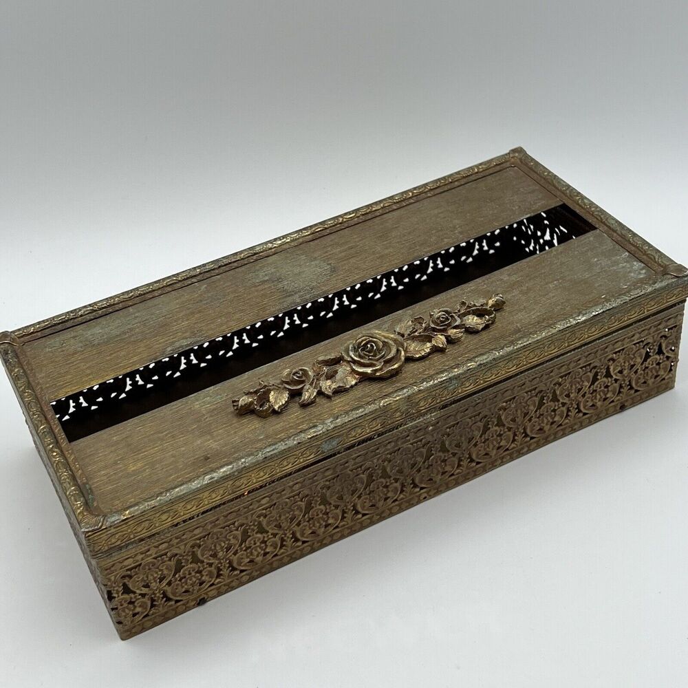 Vtg Metal Gold Brass ROSE Tissue Box Cover Holder Hollywood Regency MCM Glam